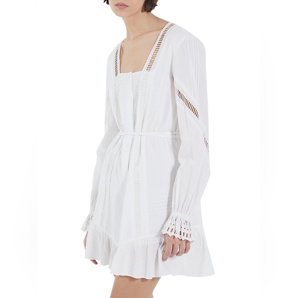 The Kooples Embroidered Lace Tie Waist Dobby Square-Neck Flounce Shirtdress Sz M - Picture 9 of 16